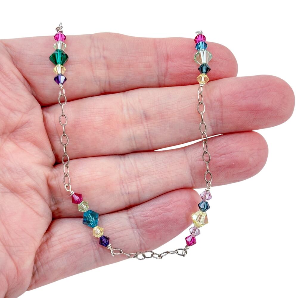 Vintage Sterling Silver 925 Multi Color Crystal Necklace 17"-19.5"